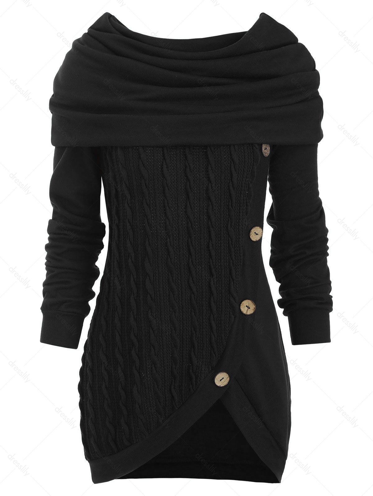 

Cowl Neck Mock Button Cable Knit Knitwear, Black