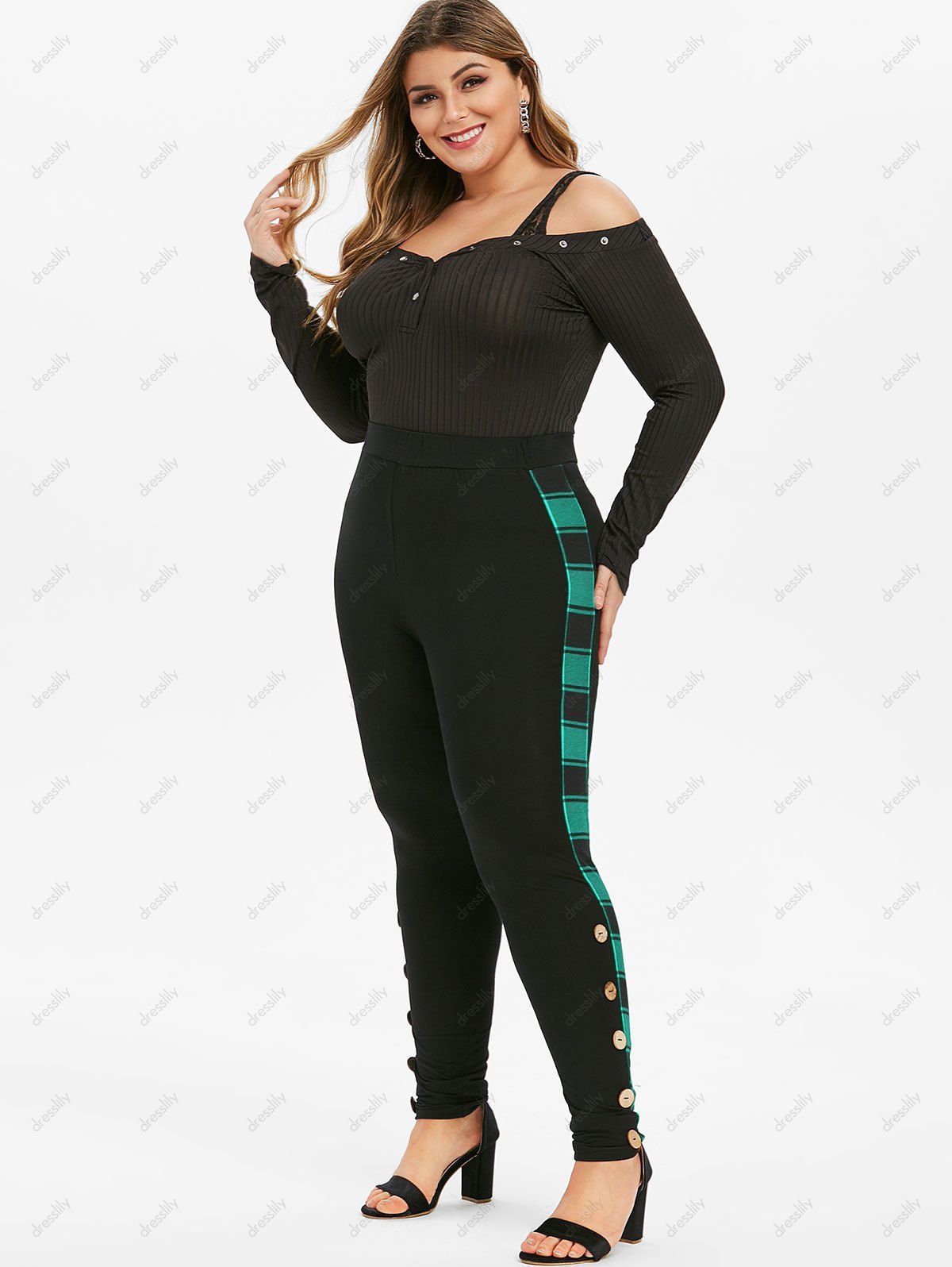 Plus Size High Waist Plaid Trim Buttoned Pants - SEA TURTLE GREEN 3X