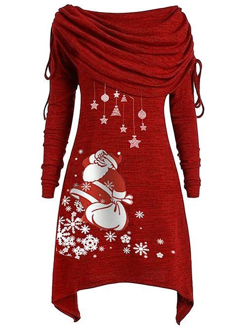 Taille Plus épaules Foldover Père Noël Imprimer Robe de Noël - Rouge Vineux 4X