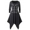 Robe Mouchoir Asymétrique à Carreaux Manches Longues Grande Taille - Gris 3X