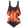 Maillot de Bain Tankini 3D Feu Imprimé de Grande Taille à Volants - Noir 3X