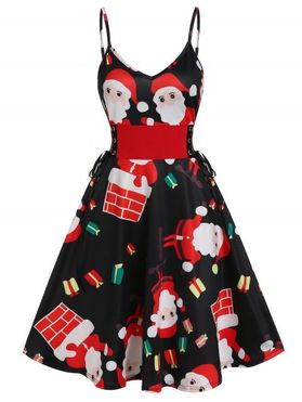 Christmas Cartoon Santa Print Corset High Waist Cami A Line Midi Dress