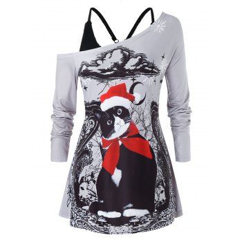 

Plus Size Skew Neck Cat Print Christmas T Shirt with Tank Top Set, Gray cloud