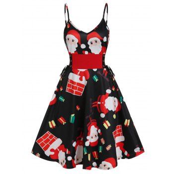 

Christmas Cartoon Santa Print Corset High Waist Cami A Line Midi Dress, Multicolor a