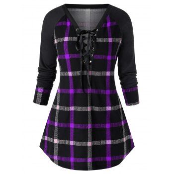 

Plus Size Lace Up Plunge Plaid Sweatshirt, Purple