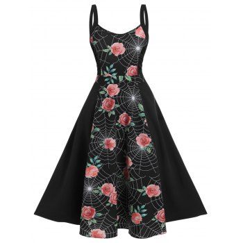 

Floral Spider Web Print High Waist Cami Dress, Black