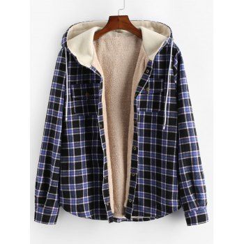 

Plaid Chest Pocket Fleece Hooded Jacket, Black