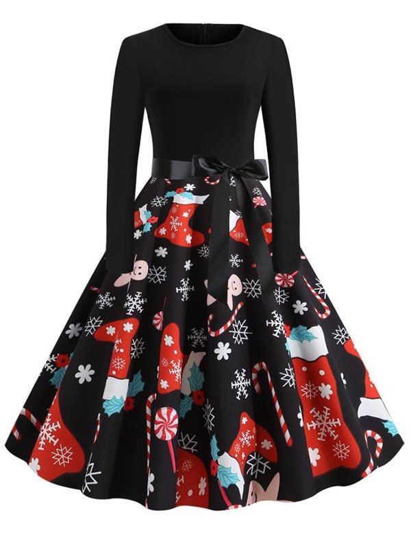 

Belted Long Sleeve Christmas Santa Claus Snowflake Snowman Dress, Multi-d