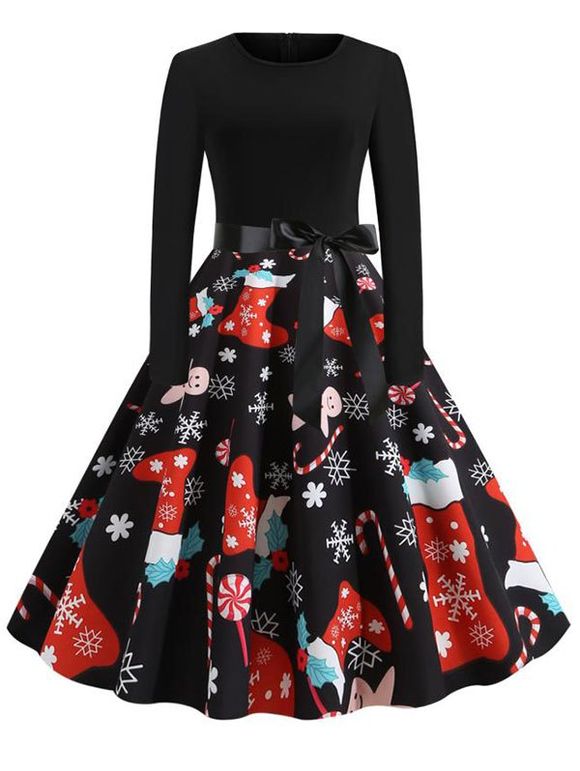 Robe Ceinturée Père Noël Flocon de Neige et Bonhomme de Neige Imprimés à Manches Longues - multicolor D S
