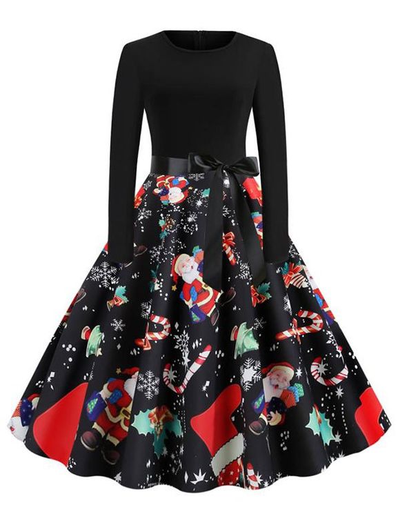 Robe Ceinturée Père Noël Flocon de Neige et Bonhomme de Neige Imprimés à Manches Longues - multicolor C L