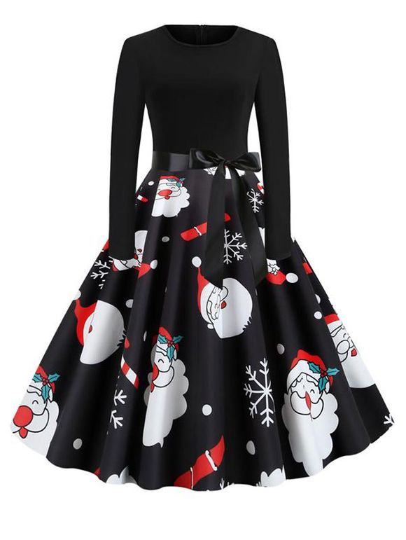 Robe Ceinturée Père Noël Flocon de Neige et Bonhomme de Neige Imprimés à Manches Longues - multicolor F L