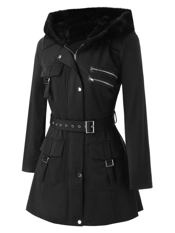 Manteau Zippé Bouclé de Grande Taille avec Poches - Noir 2X