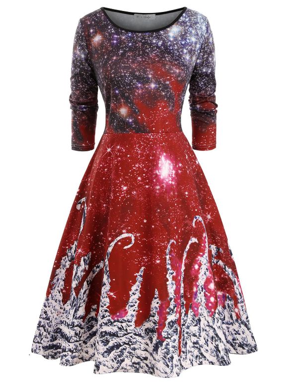 Robe de Noël Galaxie Imprimée Grande Taille à Manches Longues - Rouge 2X