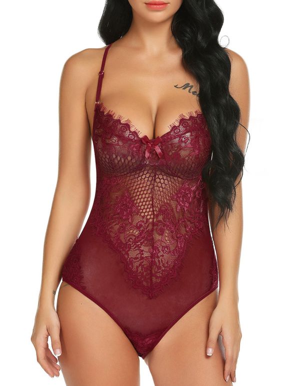 Body Croisé Panneau en Maille en Dentelle - Rouge Vineux L