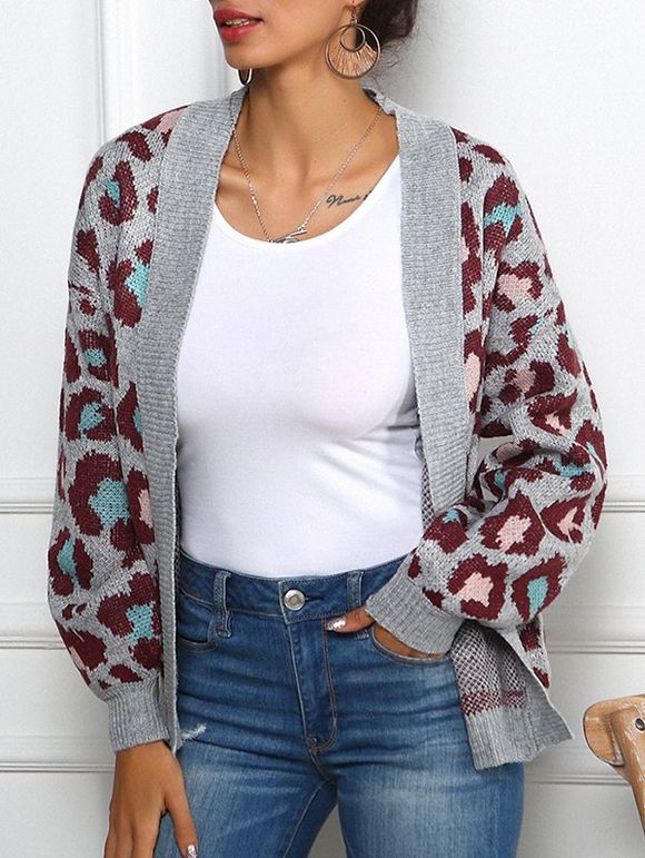 Leopard Graphic Open Front Cardigan - GRAY L