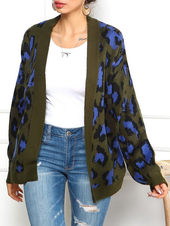 Leopard Graphic Open Front Cardigan - ARMY GREEN S