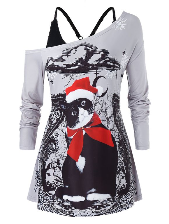 Ensemble de T-shirt Chat de Noël Imprimé de Grande Taille à Col Oblique avec Débardeur - Nuage Gris 5X