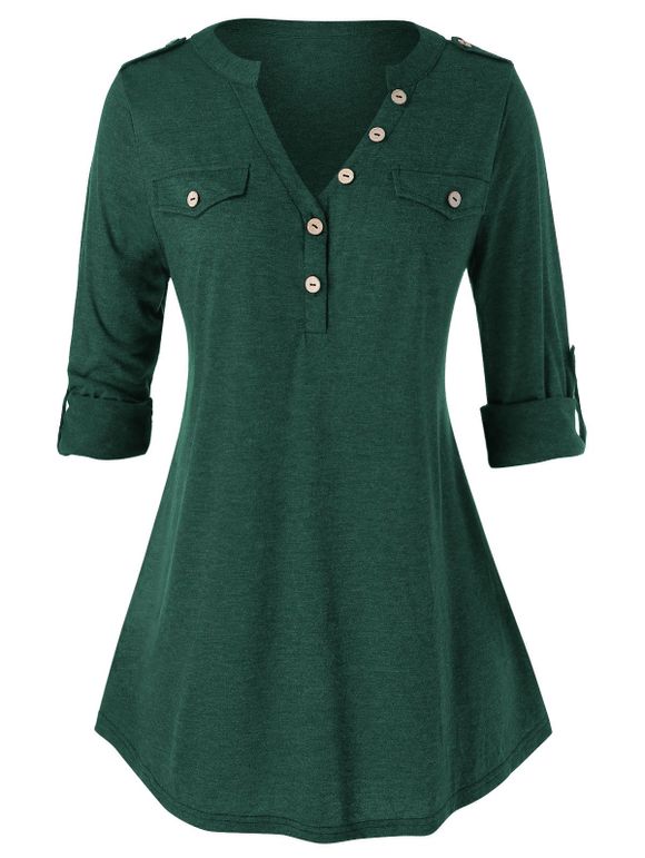 Plus Size Roll Up Sleeve Buttons T Shirt - DEEP GREEN L
