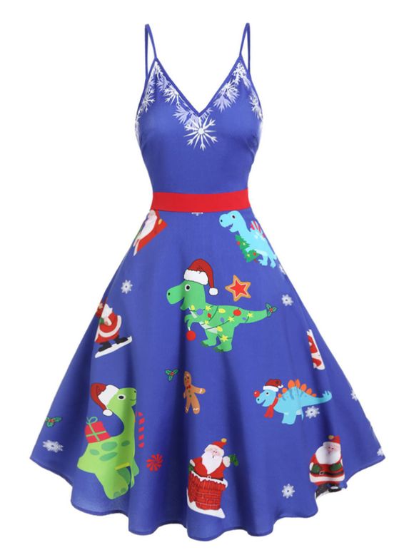 Robe de Noël à Bretelle Mi-Longue Dinosaure Imprimé - Bleu Cristal L