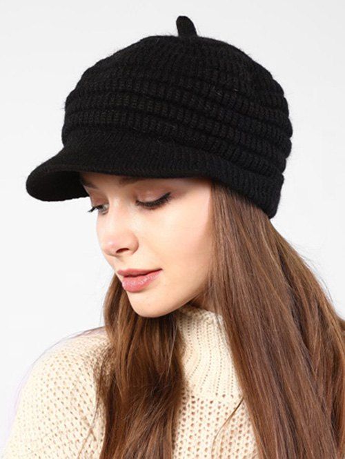 Knitted Winter Soft Beret Peaked Hat - BLACK 