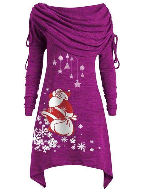 Taille Plus épaules Foldover Père Noël Imprimer Robe de Noël - Orchidée Foncée 3X