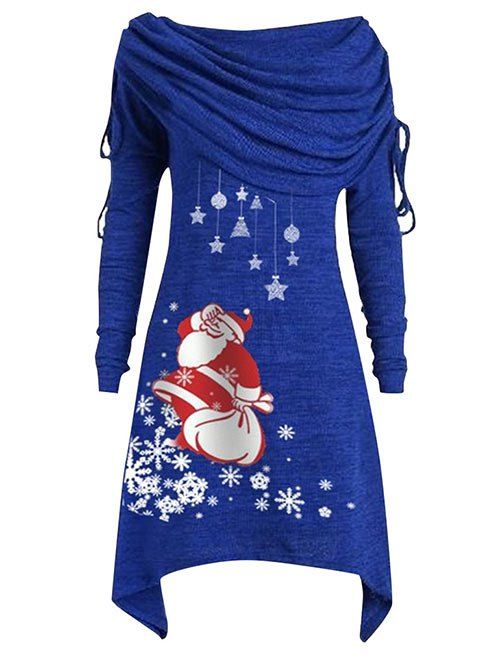 Taille Plus épaules Foldover Père Noël Imprimer Robe de Noël - Bleu Cobalt 5X