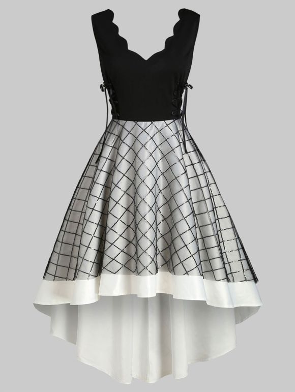 Robe Superposée Haute Basse à Carreaux à Lacets avec Paillettes - Noir M