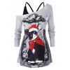 Ensemble de T-shirt Chat de Noël Imprimé de Grande Taille à Col Oblique avec Débardeur - Nuage Gris 4X