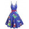 Robe de Noël à Bretelle Mi-Longue Dinosaure Imprimé - Bleu Cristal 2XL