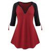 Plus Size Splicing V Neck Long Sleeve T-Shirt - RED WINE 2X