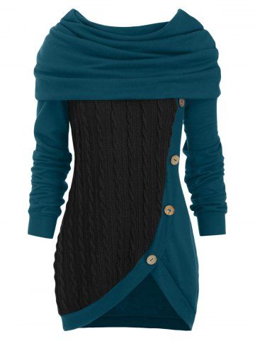 Cowl Neck Mock Button Cable Knit Knitwear