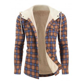 

Plaid Chest Pocket Fleece Hooded Jacket, Camel brown