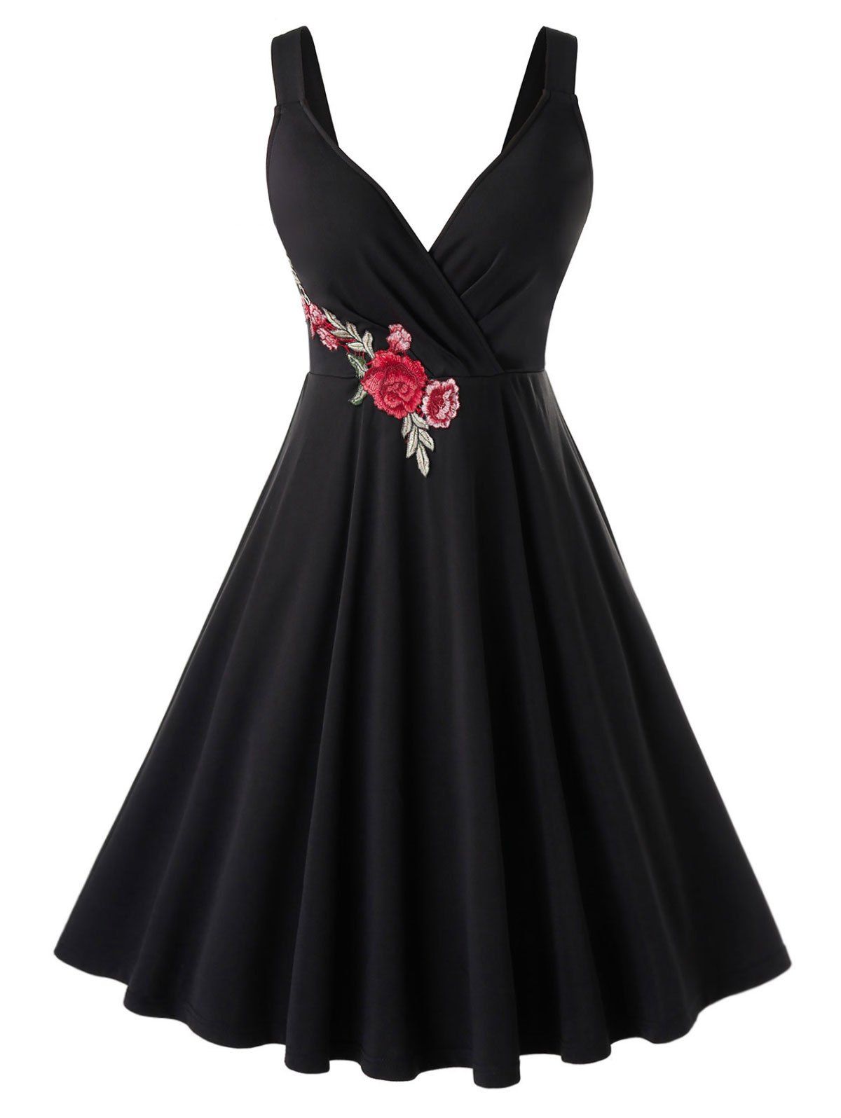 Plus Size Flower Applique Plunge A Line Dress - BLACK 4X