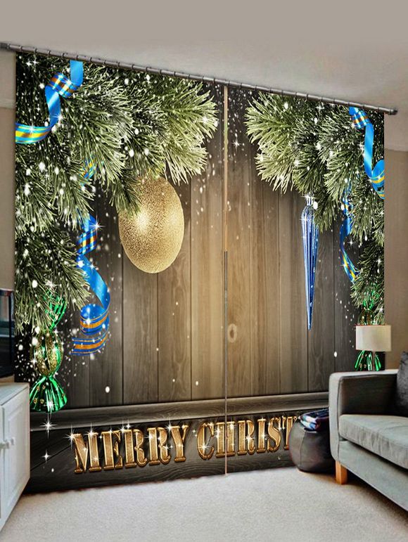 Rideaux de Fenêtre Planche en Bois Sapin de Noël et Boule Imprimés 2 Panneaux - Marron Camel W30 X L65 INCH X 2PCS