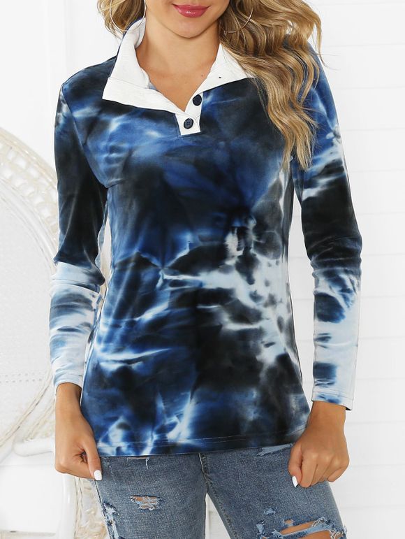 Sweat-shirt Teinté Boutonné en Velours - Bleu Foncé Toile de Jean XL