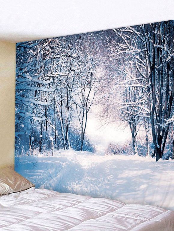 Tapisserie Murale de Noël 3D Neige et Forêt Imprimées - Bleu Toile de Jean W79 X L59 INCH
