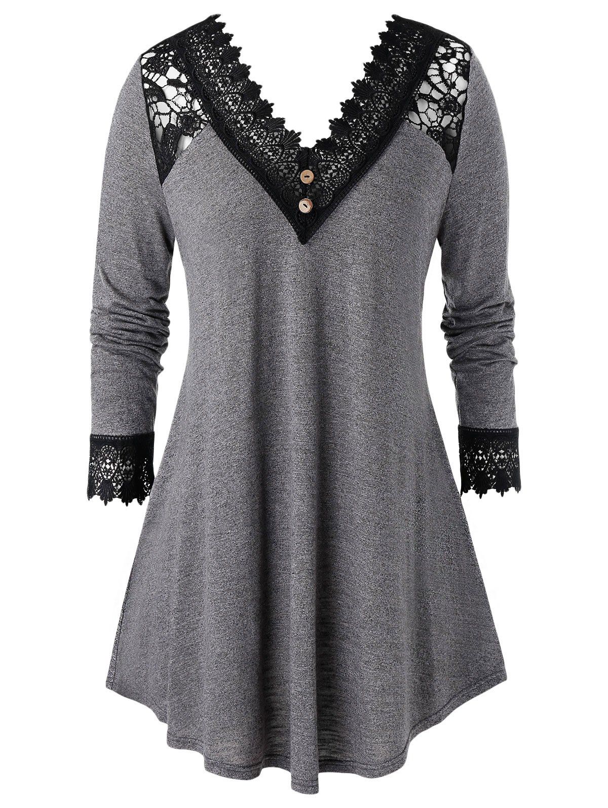 

Plus Size Crochet Panel V Neck Long Sleeve Tunic Tee, Multi