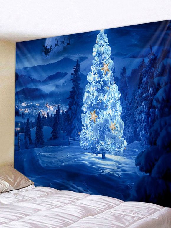 Tapisserie Murale Pendante Art Décoration Arbre de Noël et Forêt Imprimés - Bleu Océan W59 X L79 INCH