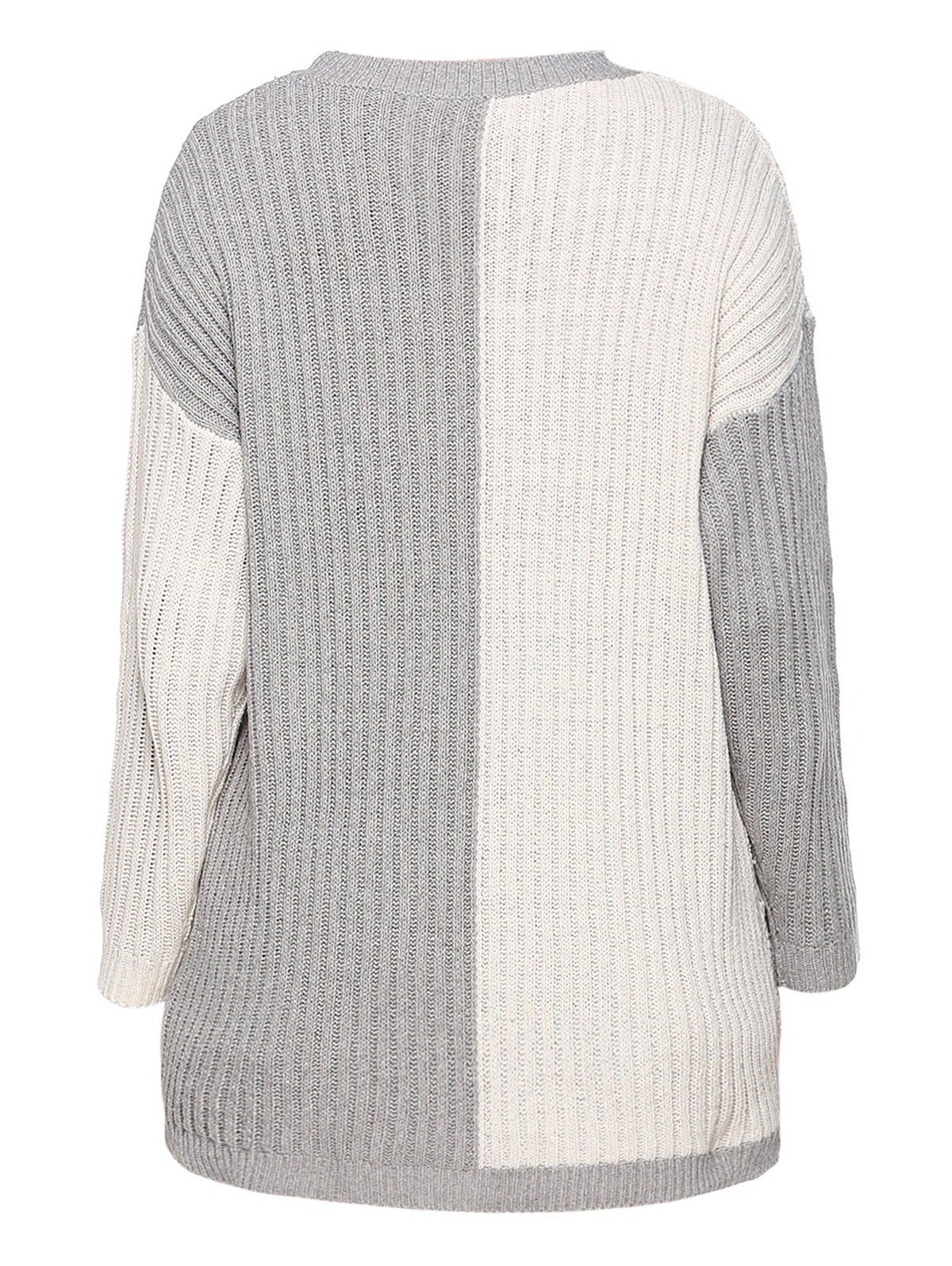 Colorblock Crew Neck Drop Shoulder Plus Size Sweater - LIGHT GRAY 2X