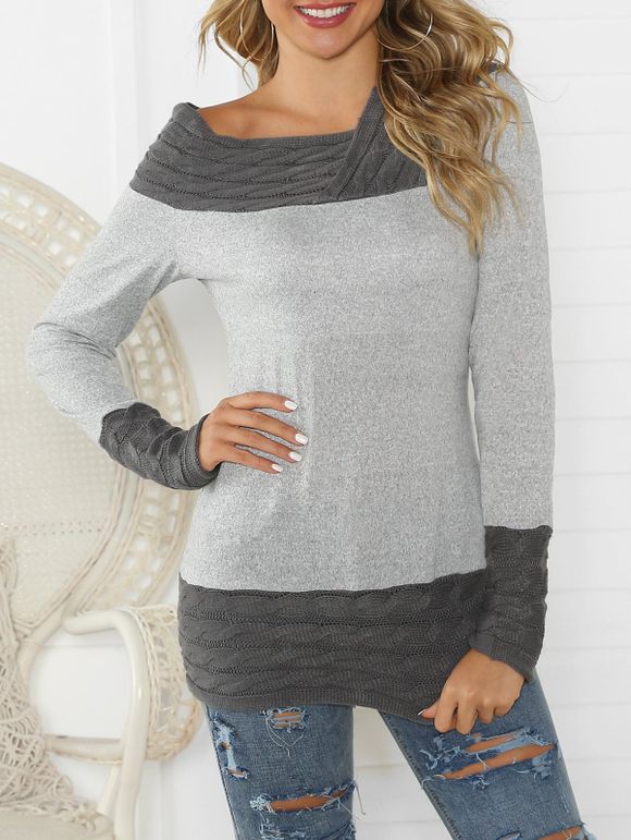 Tricot Contrasté en Tricot à Câble à Col Oblique - Gris 3XL