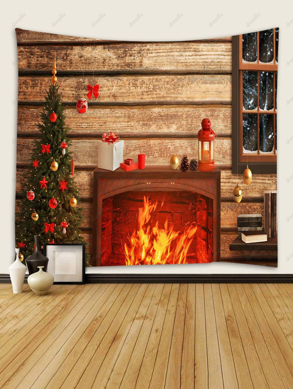 [12% OFF] 2021 Christmas Tree Fireplace Wooden House Print Tapestry ...