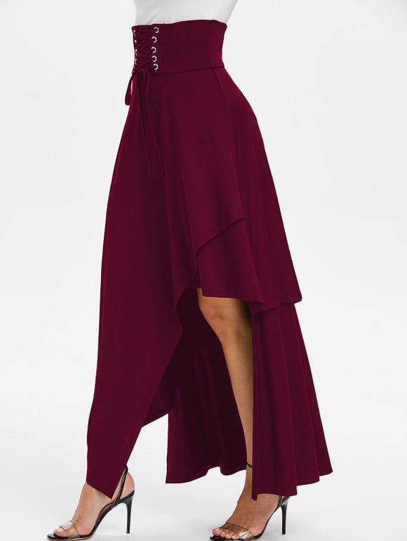 Maxi Jupe Superposée Asymétrique à Taille Haute à Lacets - Rouge Vineux XL