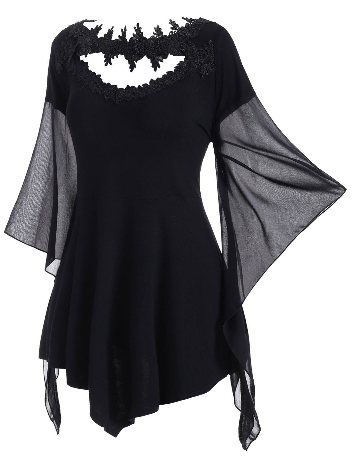 

Lace Panel Cut Out Asymmetrical Sleeve Plus Size Top, Black