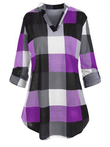 Plus Size Roll Up Sleeve Checked Top