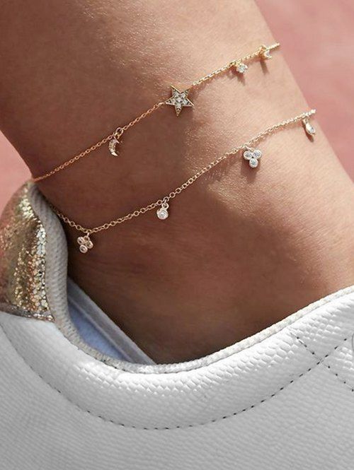 

2PCS Rhinestone Star Moon Anklets, Gold