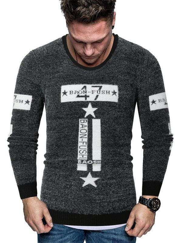 Letter Star Graphic Fuzzy Crew Neck Sweater - BLACK L
