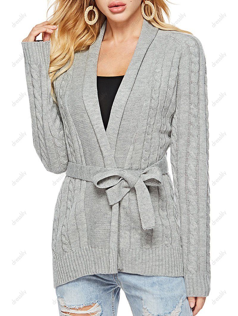 [34 OFF] 2020 Shawl Collar Cable Knit Belted Cardigan In GRAY DressLily