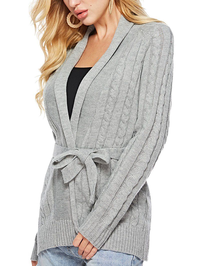 [23 OFF] 2021 Shawl Collar Cable Knit Belted Cardigan In GRAY DressLily