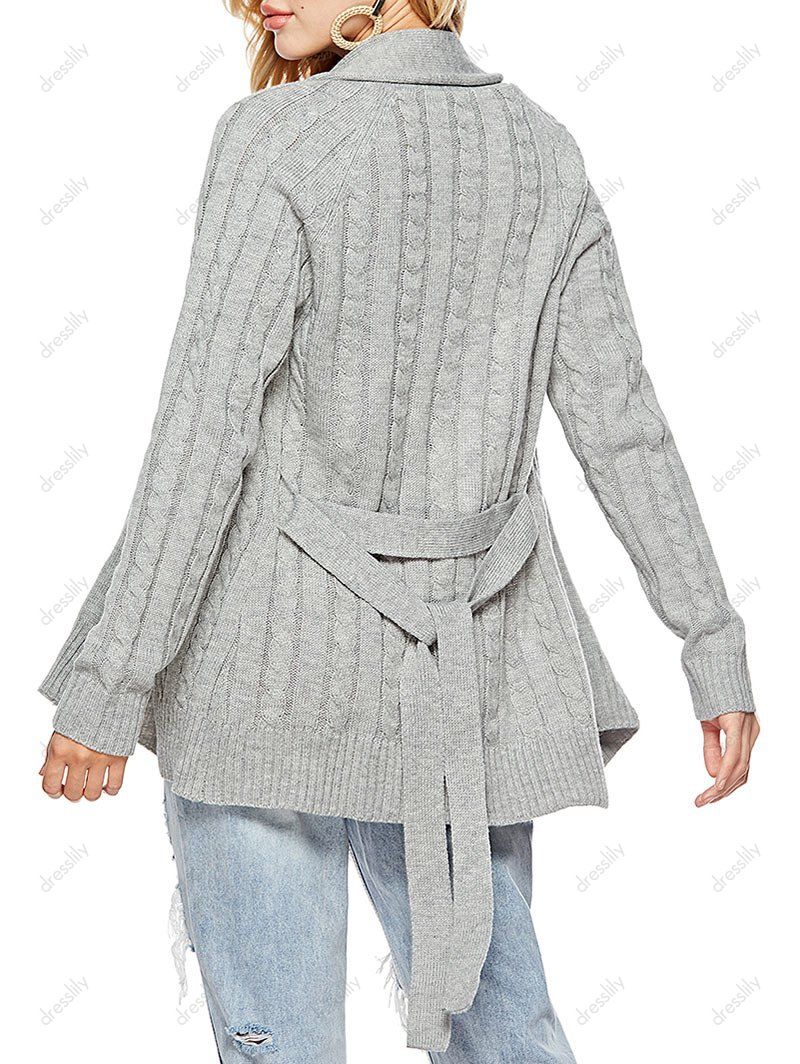 [34 OFF] 2020 Shawl Collar Cable Knit Belted Cardigan In GRAY DressLily