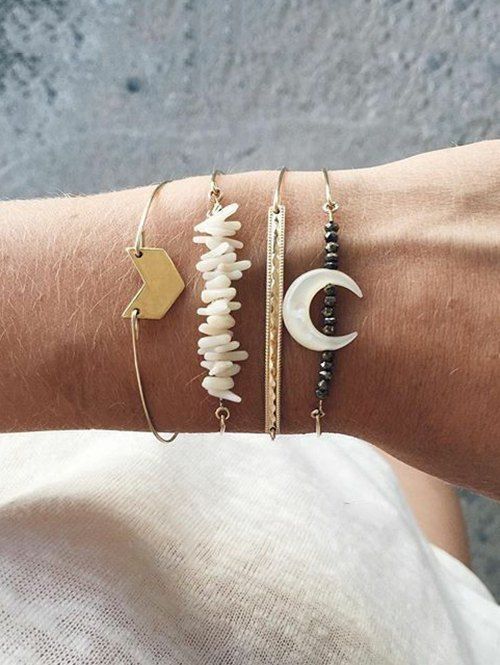 Bracelet Perlé Lune Pierre ４Pièces - Or 